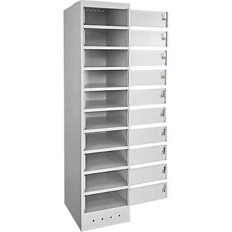 Hoge grijze kast met meerdere vakken, sommige deuren zijn open.