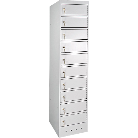 Hoge witte locker met 10 compartimenten en sleutels. Elk compartiment heeft een sleutelgat.