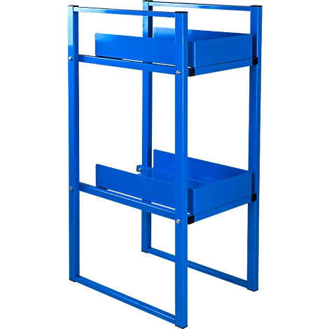 Chariot à outils bleu avec deux étagères, sur fond blanc.