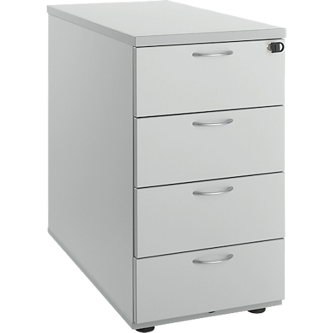 Light gray filing cabinet with four drawers and silver handles.