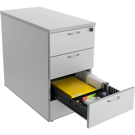 Grey filing cabinet with three drawers, one open. Contains folders, accessories.