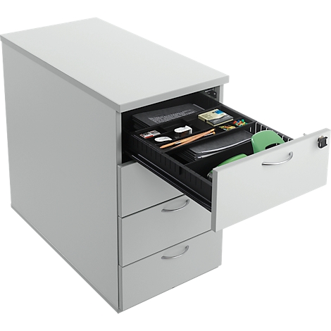 Gray desk container with an open drawer filled with office supplies such as pens, notes, and a hole punch.