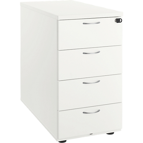 White file cabinet with four drawers and silver handles. A lock is located on the top drawer.