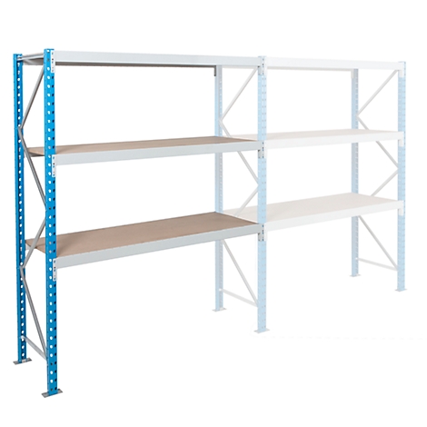 A blue and white shelving system. The left rack is assembled, the right is a sketch. Brown shelves.