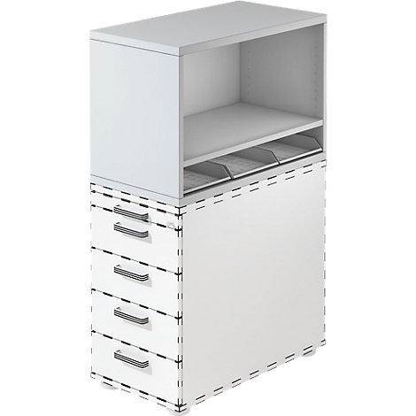 White shelf with drawers and open compartment. Black dashes on the edges, drawer handles.