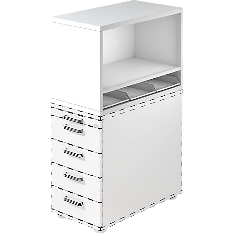 White office shelf with drawers and open compartments, ideal for organization.