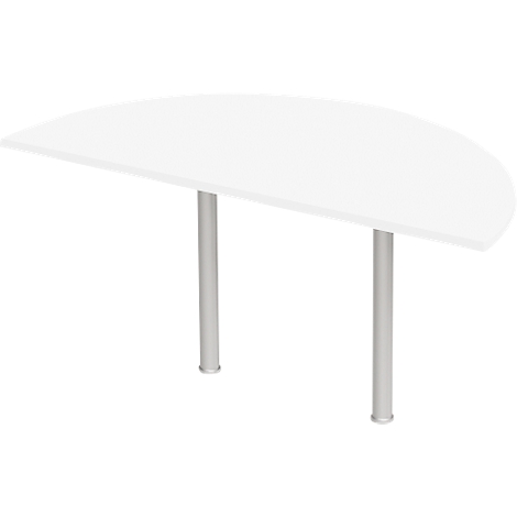Half-moon white table with two silver legs.