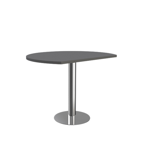 A semi-circular gray table with a silver column and a circular base, against a white background.