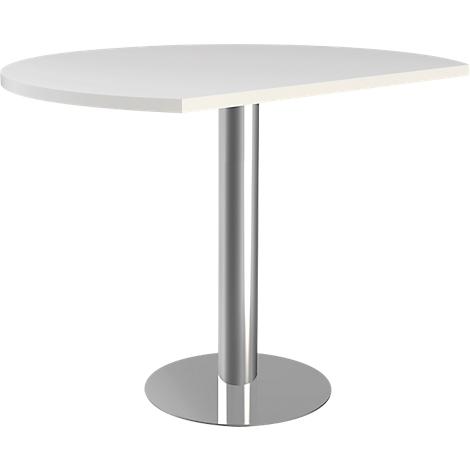 Half-circle white table with metal base on a white background.