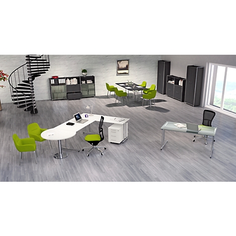 A modern office with desks, chairs, and a conference table. A spiral staircase in the background.