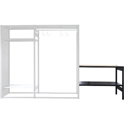 Black shelf with two shelves, next to a white wardrobe system. The shelf has a light wood top.