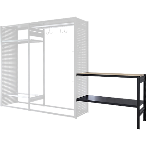 Black shelf with two shelves and wooden top. In the background a white shelf frame with perforated wall.