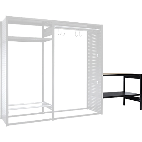 Grey open closet system, black side table. The closet system has hooks and perforated walls. The side table has two levels.