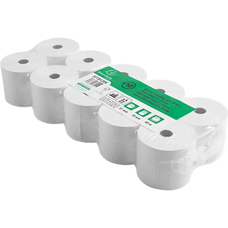 Pack of ten white thermal paper rolls. Label says: 57mm x 30m. Green label on the packaging.