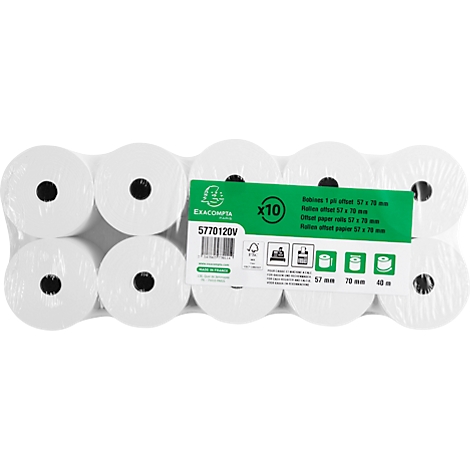 Package of 10 white paper rolls wrapped in foil. Prints on a green label.