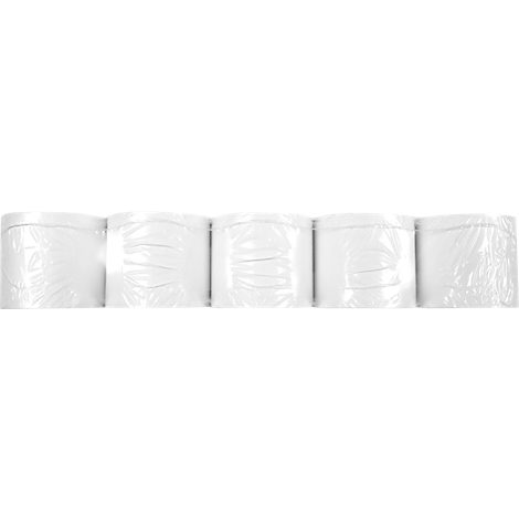 Five white, transparent plastic bags next to each other, slightly crumpled.
