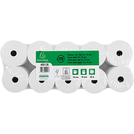 Ten rolls of white paper, wrapped in foil. Label with text and logo.