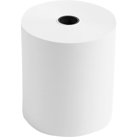 A roll of white paper with a black hole in the middle. The background is white.