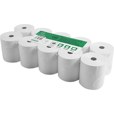 Package of 10 paper rolls lying on a white background. A green label is on top.