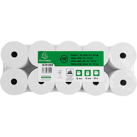 Package of 10 rolls of thermal paper, white, with black core. Green product information.