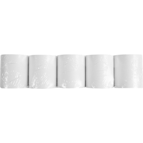 Five white toilet paper rolls, wrapped in foil, arranged in a row.