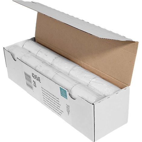 Opened white box containing rolled up paper rolls, packaging with product information.