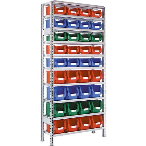 Metal rack with colorful plastic bins.