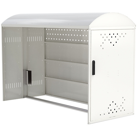 Grey metal cabinet with door and openings; light grey background.