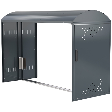 Grey, covered bicycle stand. The sides are open, the door has holes.