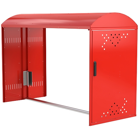Red bike shed with curved roof and door. On the left side are ventilation slots and a metal box. On the right is a door with holes.
