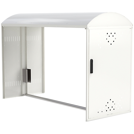 White metal bicycle shelter, with rounded roof and door. Ventilation holes are present.