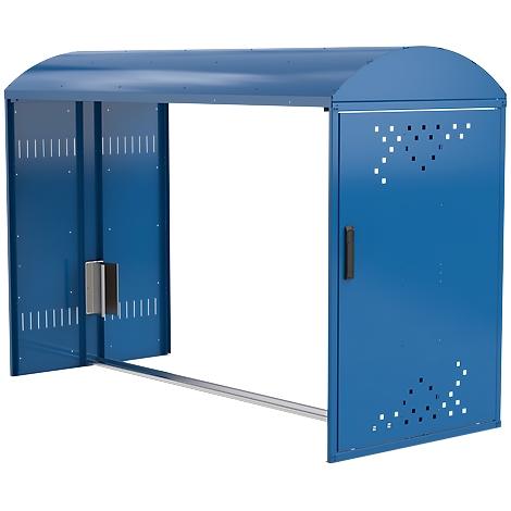 Blue bike garage with a curved roof and door with handle.