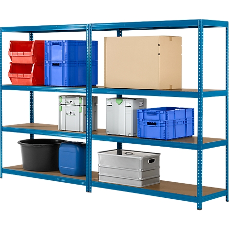 Blue heavy-duty shelving unit with various stored items: containers, boxes, canisters.