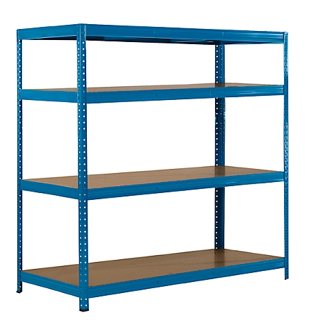 Blue four-tier shelving unit with light brown shelves. Metal frame on white background.