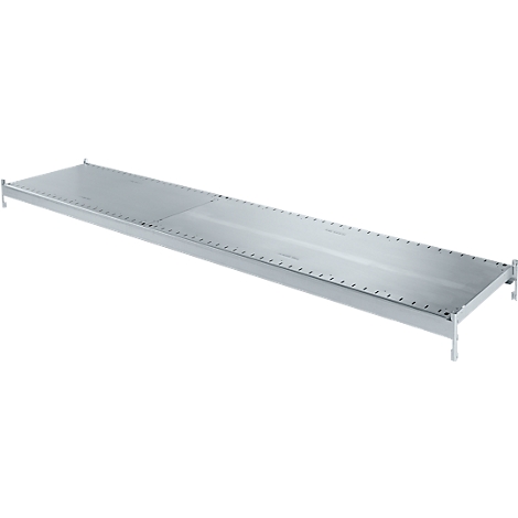 A metal shelf with corner feet and many small rivets along the edges, against a white background.