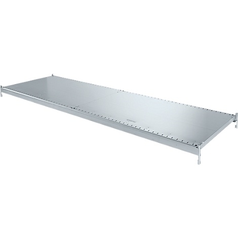 A metal shelf, shown in perspective. It is silver and long, with holes and feet.