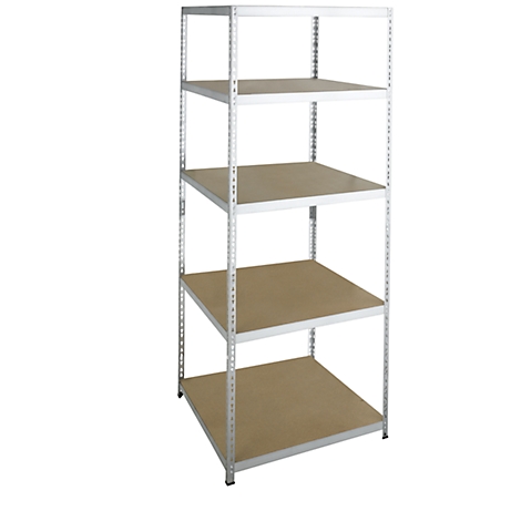 A white metal shelf with five wooden shelves. It stands against a white background.