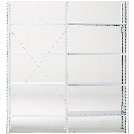 Metal shelf, white; frame, shelves, diagonal struts. On a light background.