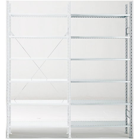 White storage rack with multiple shelves and braces, isolated on a light background.