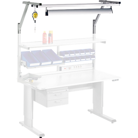 Workbench with overhead construction and accessories, all in white.