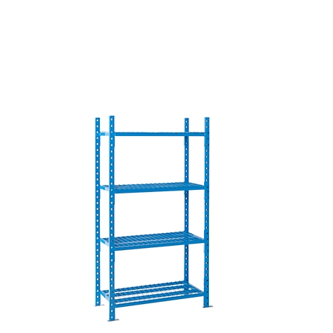Blue shelving unit with four tiers, set against a white backdrop. Features grid shelves and rectangular frame legs.