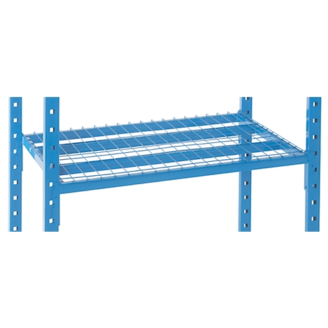 Blue metal shelf with wire mesh shelves. The posts have holes for adjusting the height of the shelves.