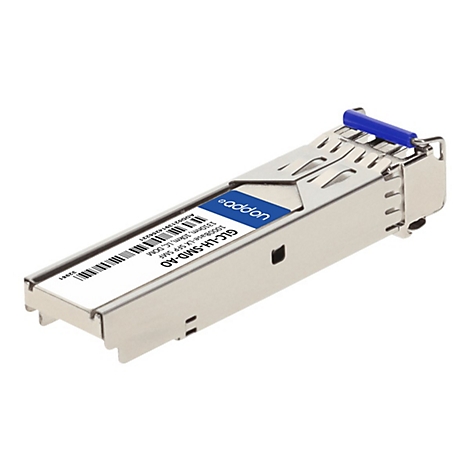 AddOn SFP-Transceiver GLC-LH-SMD-AO aus Metall mit blauem Entriegelungshebel auf weißem Hintergrund.