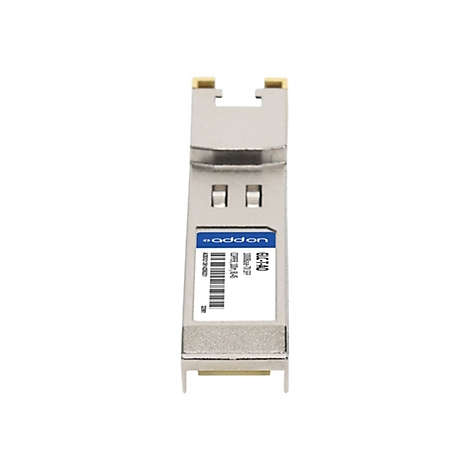 AddOn SFP-Transceiver-Modul GLC-T-AO in Silber mit blauem Markenaufkleber auf weißem Hintergrund.
