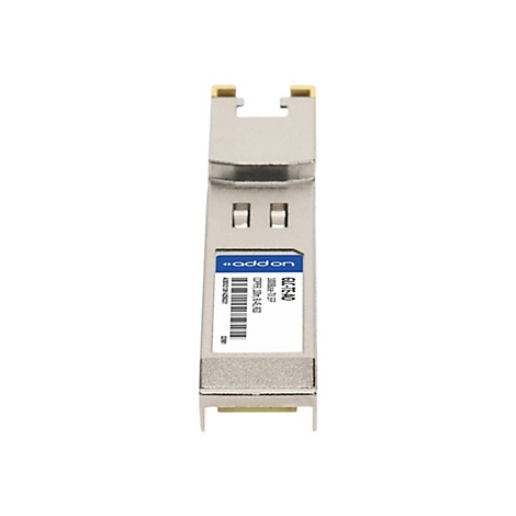 SFP-Transceiver-Modul aus Metall mit blauem AddOn-Logo und weißem Typenschild.