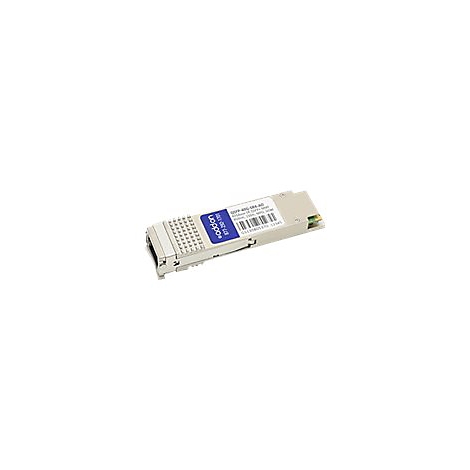 Silbernes QSFP-Modul mit blauem Addon-Aufkleber und Barcode auf weißem Hintergrund.