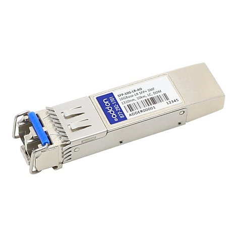 Addon SFP+ Glasfaser-Transceiver aus Metall mit blauem Entriegelungsbügel und weißem Etikett.