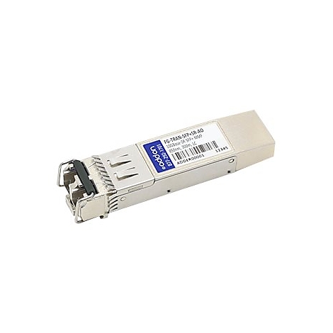 Addon SFP+ Glasfaser-Transceiver-Modul mit blauem Aufkleber und Strichcode auf silbernem Metallgehäuse.