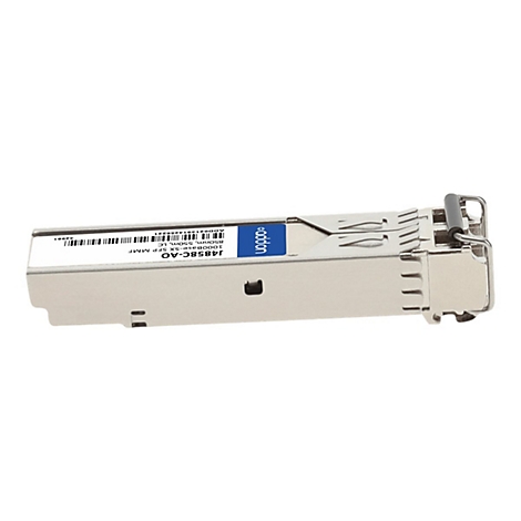 SFP-Glasfaser-Transceiver aus Metall mit blauem Etikett und Modellbezeichnung J4858C-AO auf weißem Hintergrund.