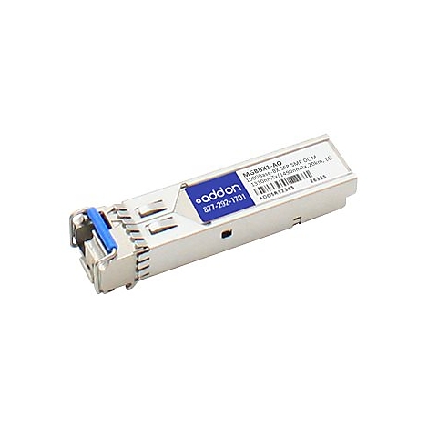 Silbernes SFP-Modul mit blauem Hebel und Aufkleber mit 'addon'-Logo auf weißem Hintergrund.